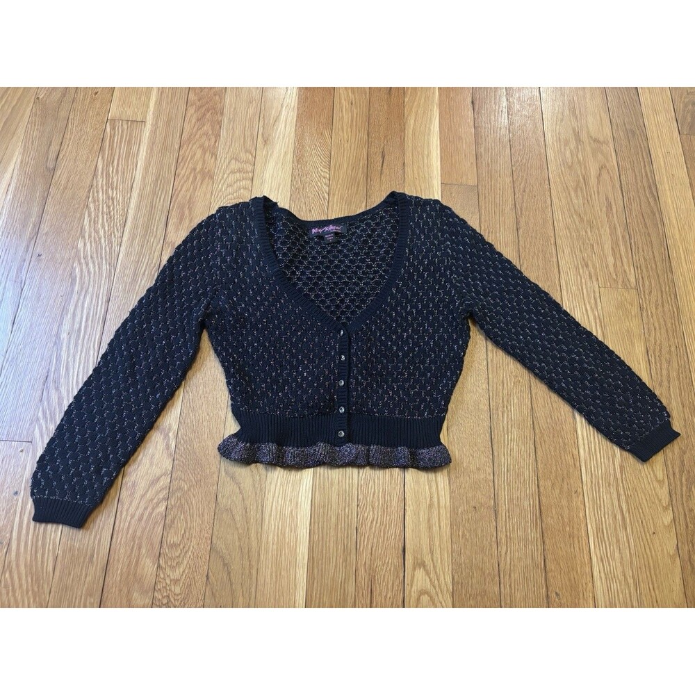 Vintage Betsey Johnson Y2K Ruffle Black Metallic Gold Cardigan Sweater Cropped S